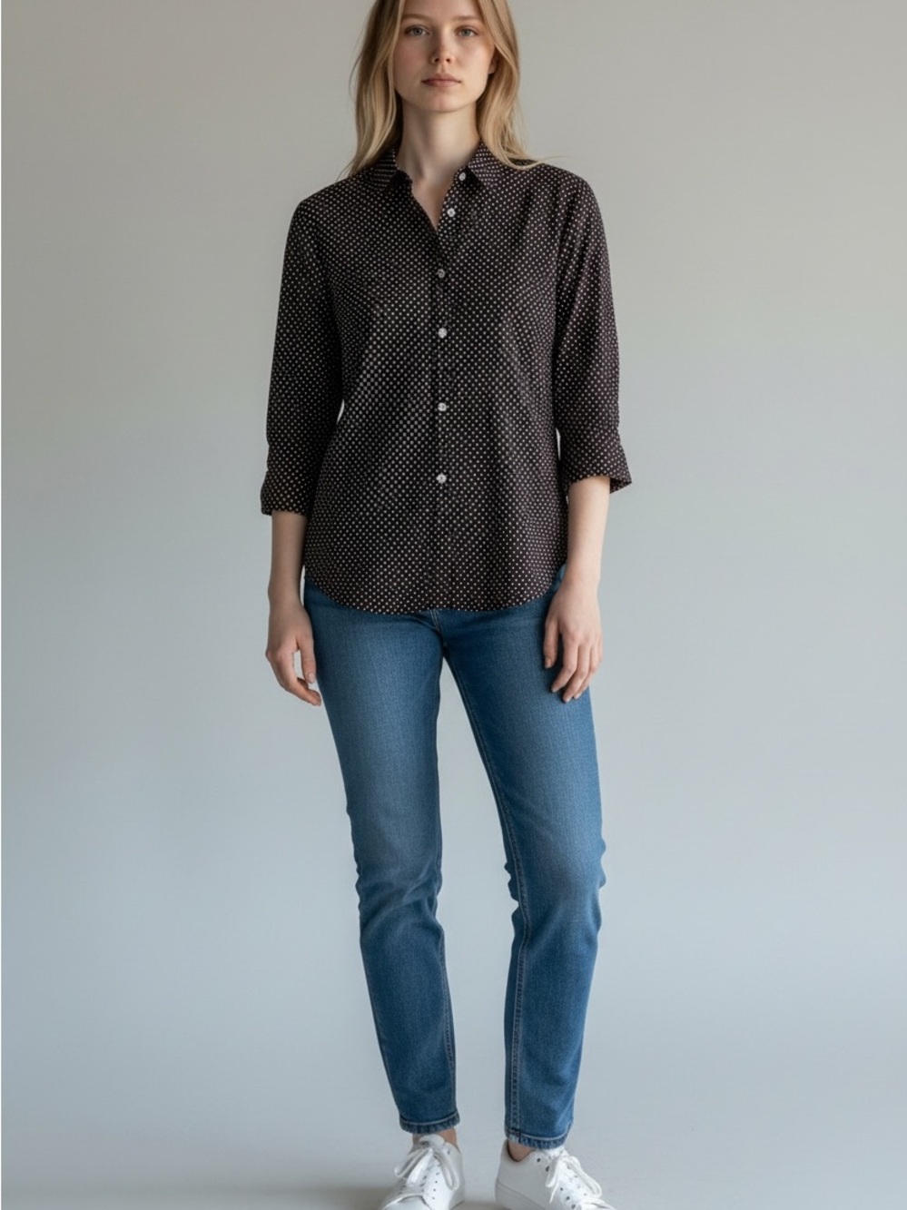 Chocolate Brown Lauren Ralph Lauren Minimalist Women  Cotton Polka Dot Shirt M